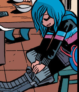 Ramona wearing a black jacket with blue and pink stripes, tying her shoe