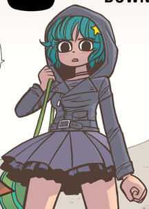 Ramona wearing a jacket with a wide skirt and turquoise hair