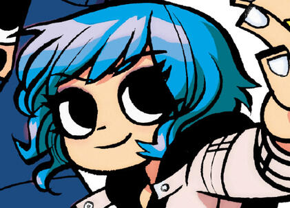 Ramona with a white jacket and blue hair