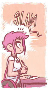 Ramona with pink hair and white t-shirt shocked by door slam