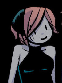 Ramona wearing a black dress with pink hair